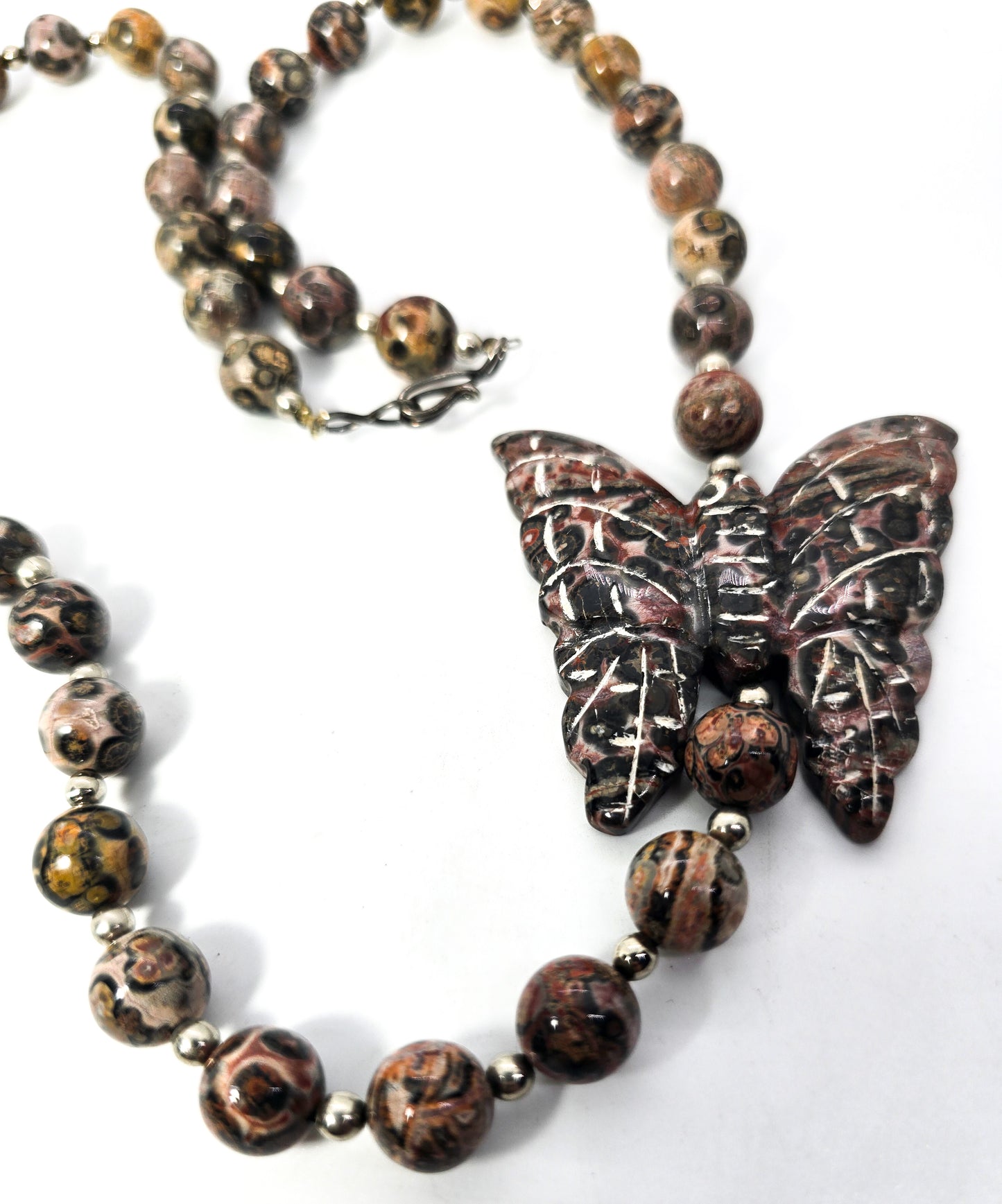 Leopard skin Jasper artisan gemstone butterfly 10mm beaded silver necklace