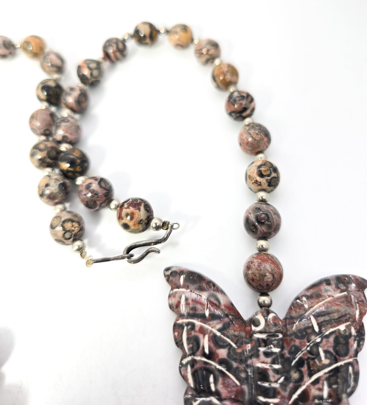 Leopard skin Jasper artisan gemstone butterfly 10mm beaded silver necklace