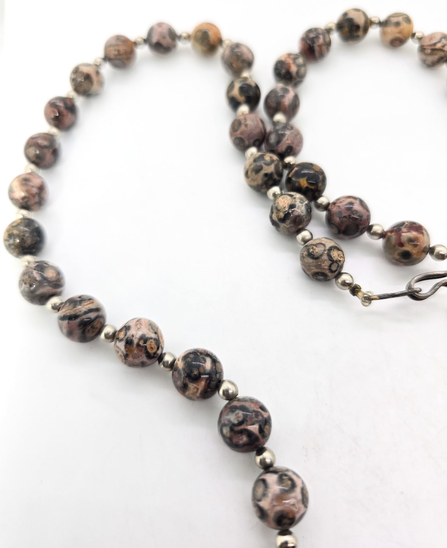 Leopard skin Jasper artisan gemstone butterfly 10mm beaded silver necklace