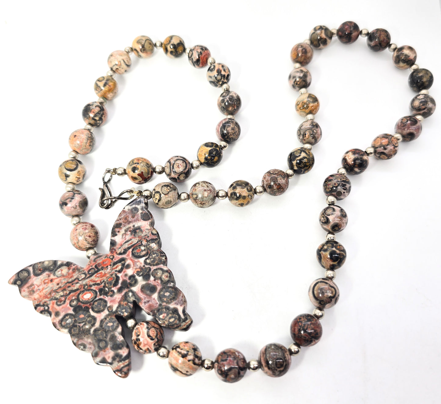 Leopard skin Jasper artisan gemstone butterfly 10mm beaded silver necklace
