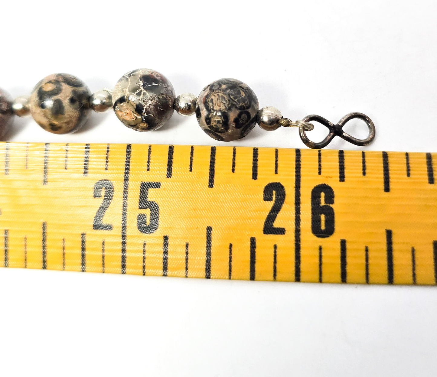 Leopard skin Jasper artisan gemstone butterfly 10mm beaded silver necklace