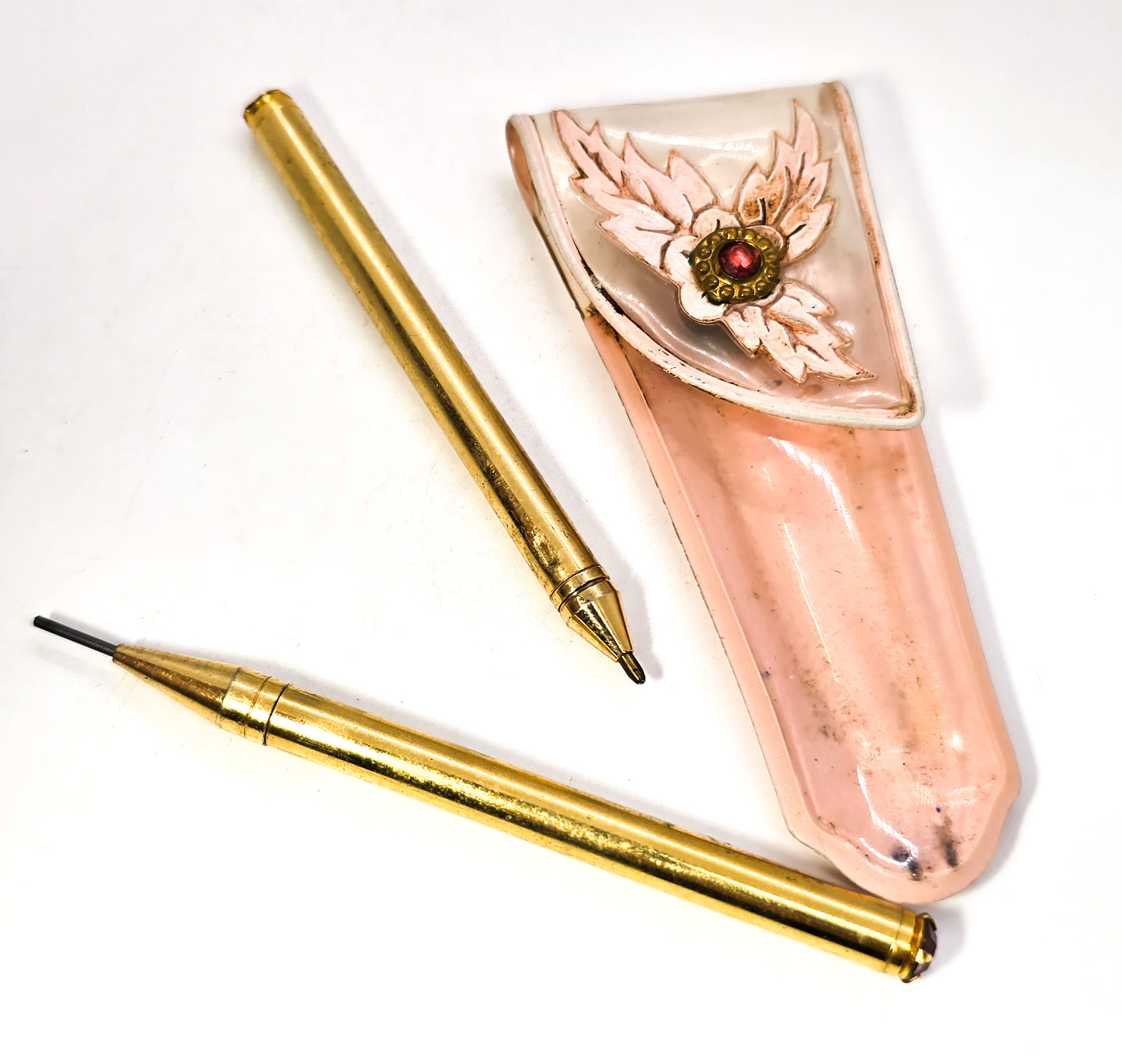 Vintage Mid Century Pen Mechanical Pencil rhinestone Top Purse Stationary set