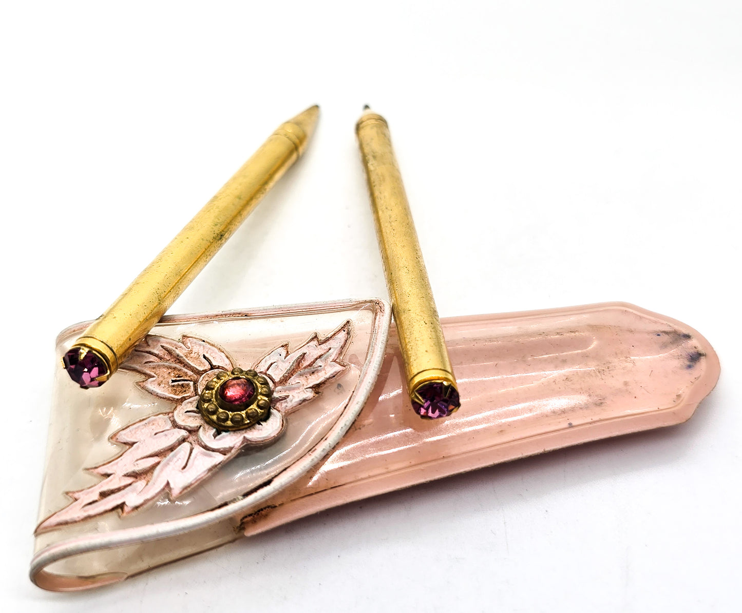 Vintage Mid Century Pen Mechanical Pencil rhinestone Top Purse Stationary set