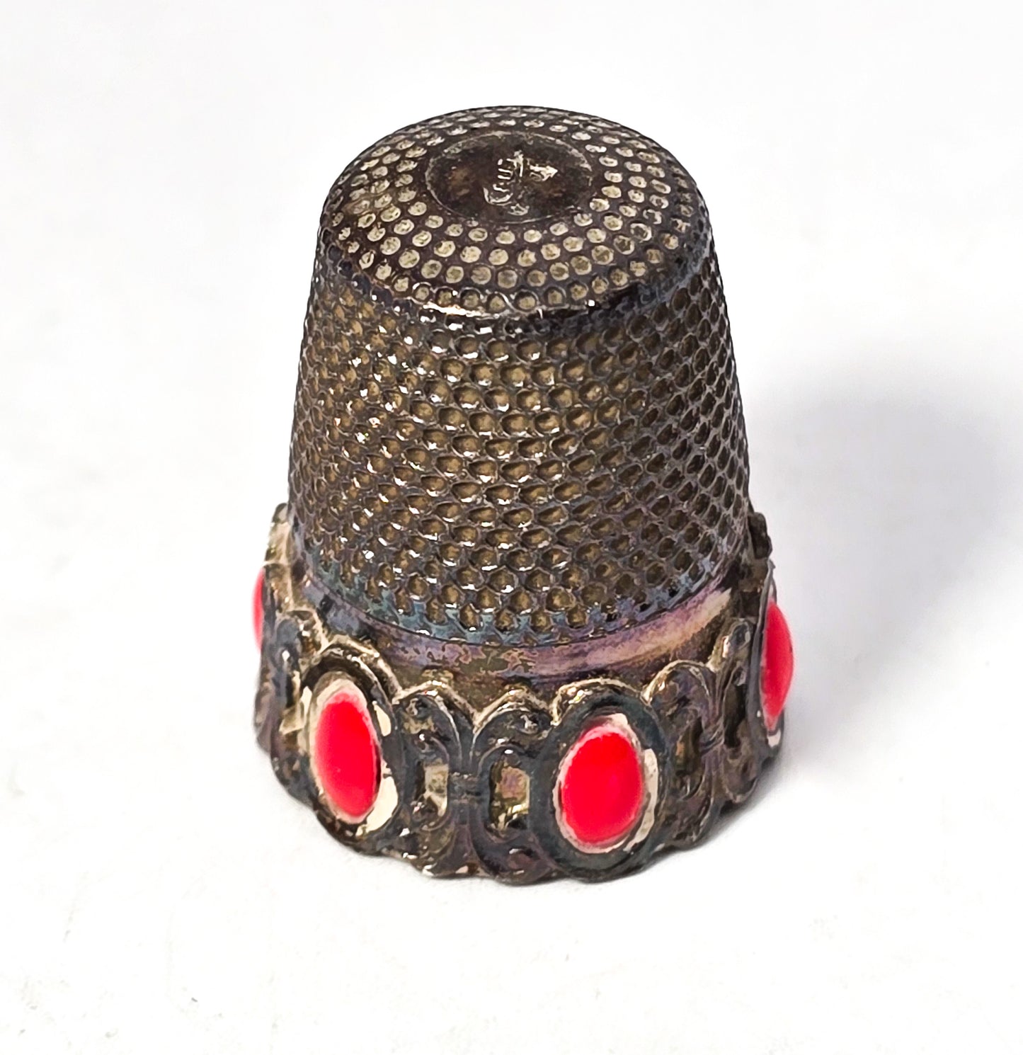 Italian red coral sterling silver 1900's collectable antique sewing thimble hallmarked