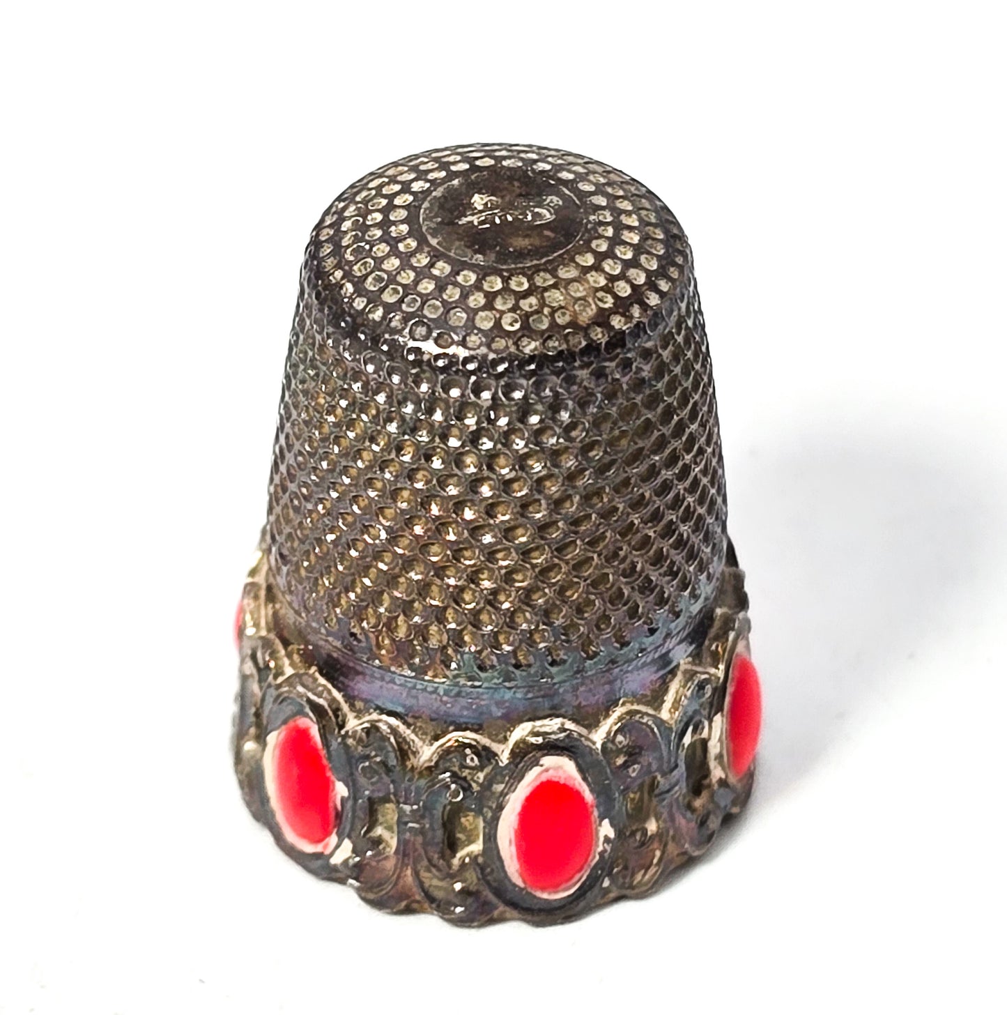Italian red coral sterling silver 1900's collectable antique sewing thimble hallmarked