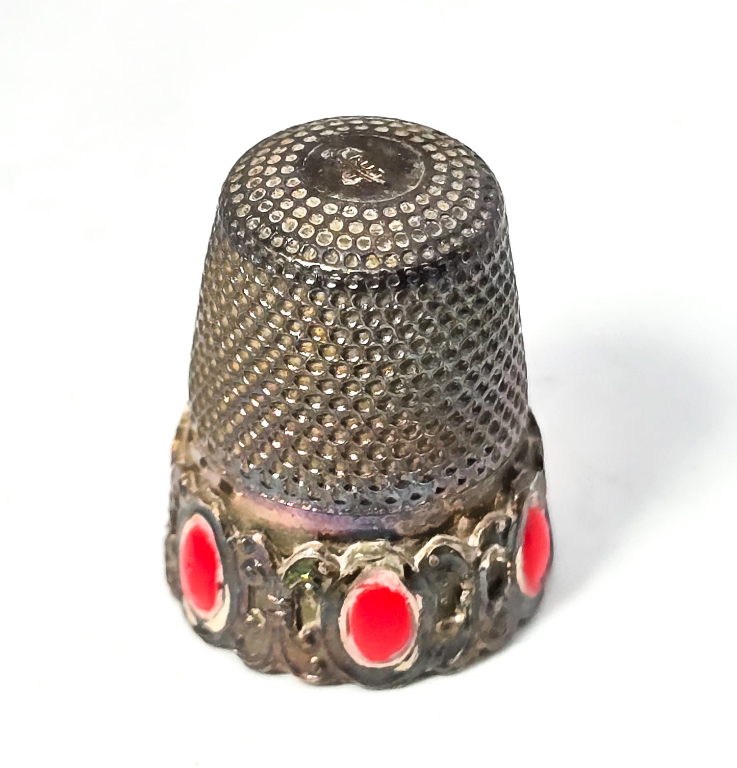 Italian red coral sterling silver 1900's collectable antique sewing thimble hallmarked