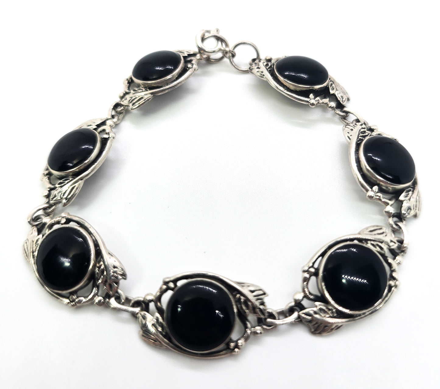 Black onyx vintage plants and vines sterling silver gemstone tennis bracelet