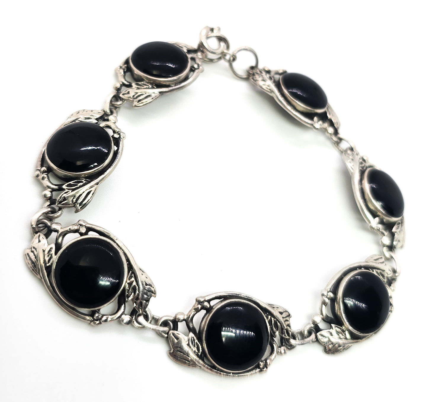 Black onyx vintage plants and vines sterling silver gemstone tennis bracelet