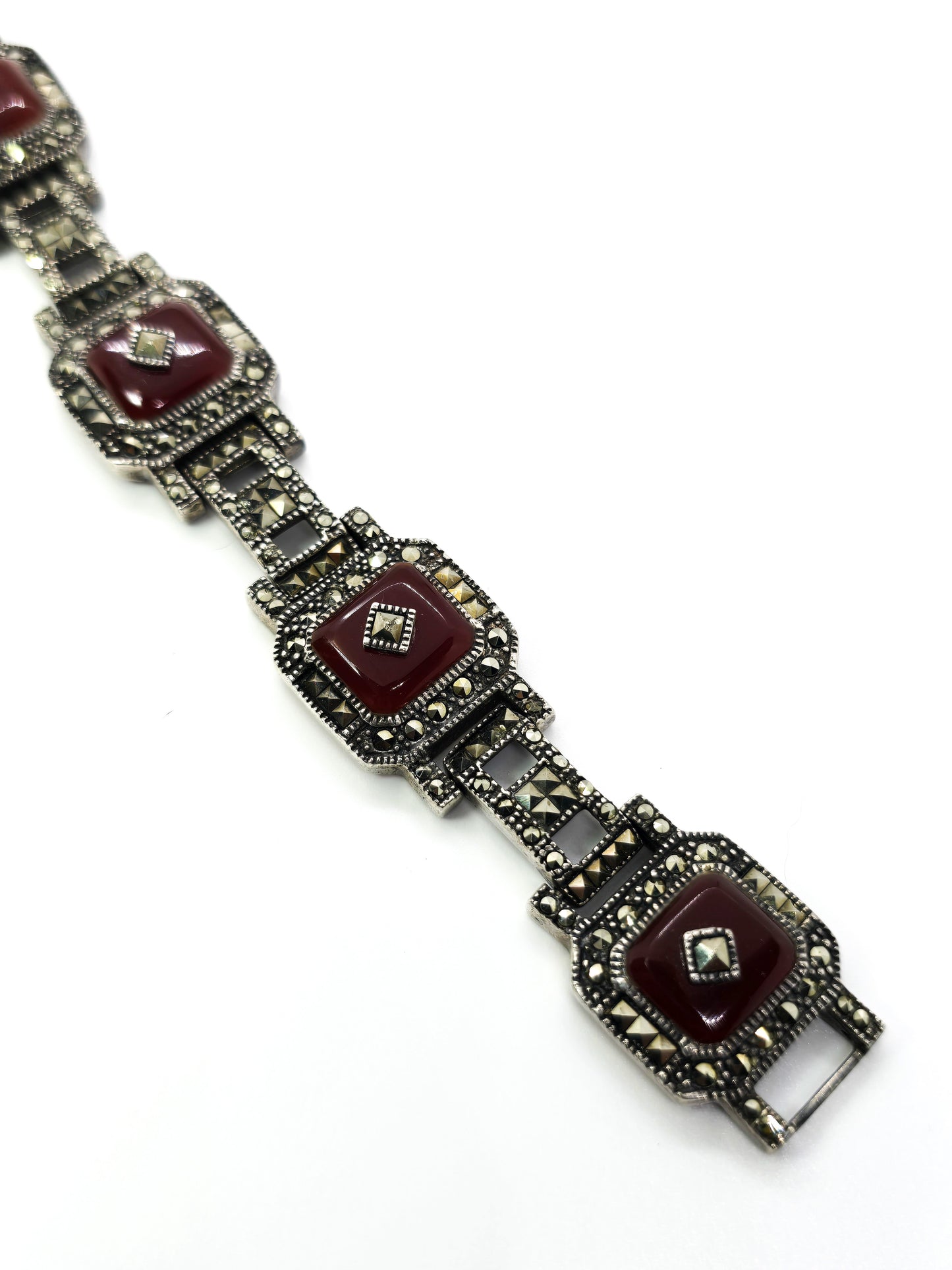 Art Deco Style Carnelian pyramid marcasite heavy sterling silver tennis bracelet