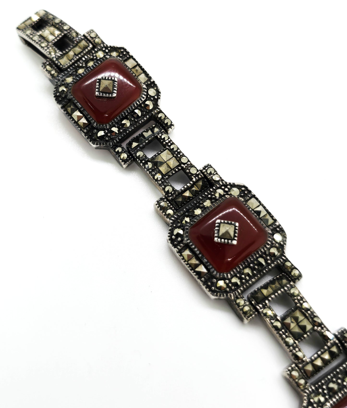 Art Deco Style Carnelian pyramid marcasite heavy sterling silver tennis bracelet