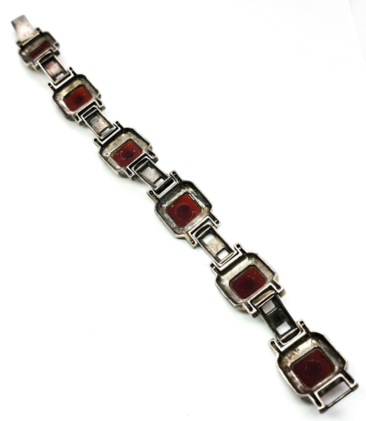 Art Deco Style Carnelian pyramid marcasite heavy sterling silver tennis bracelet