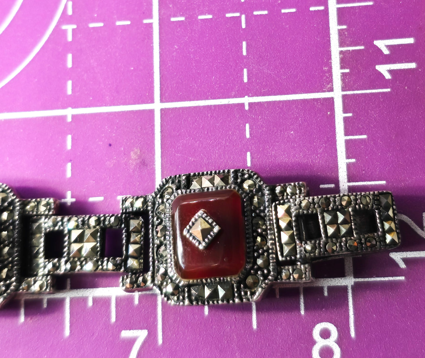Art Deco Style Carnelian pyramid marcasite heavy sterling silver tennis bracelet