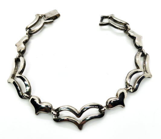 Mexican Heart Link solid thick sterling silver vintage retro open link tennis bracelet