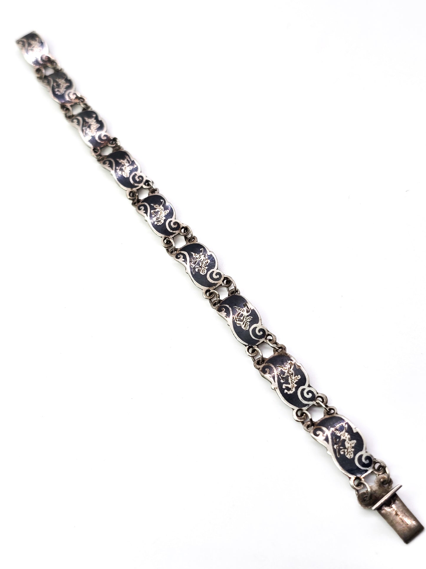 Siam Black Nielloware enamel Mekkala vintage sterling silver bracelet
