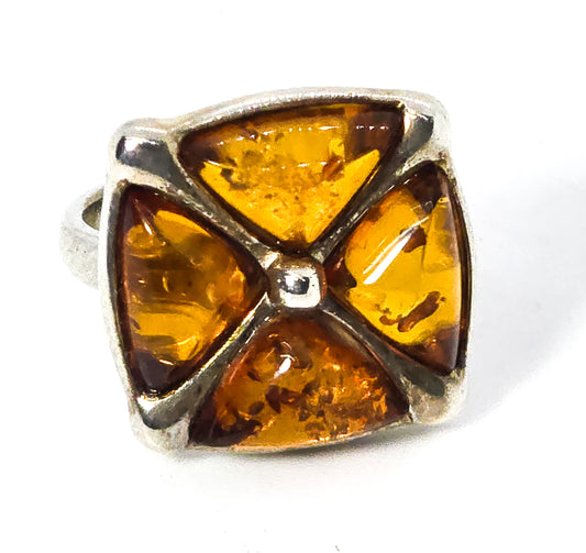 Maltese Cross amber sterling silver vintage gemstone ring size 5.5