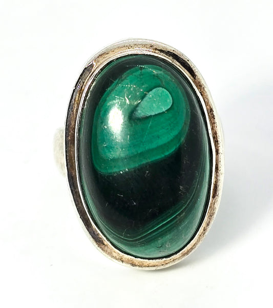 Malachite Large green banded gemstone vintage solid sterling silver ring size 5.5