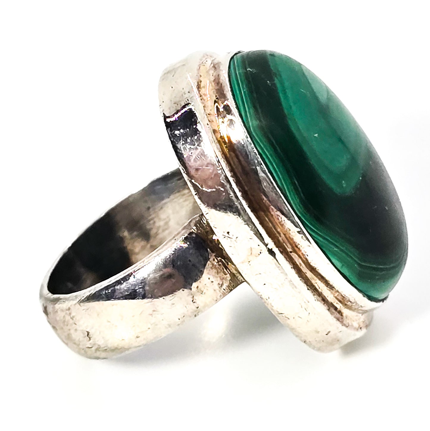 Malachite Large green banded gemstone vintage solid sterling silver ring size 5.5