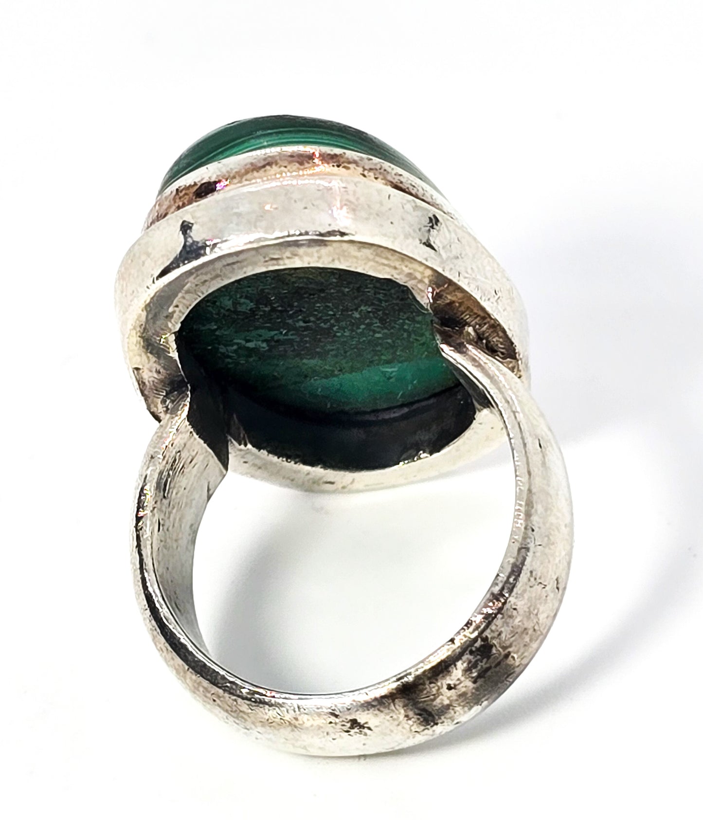 Malachite Large green banded gemstone vintage solid sterling silver ring size 5.5