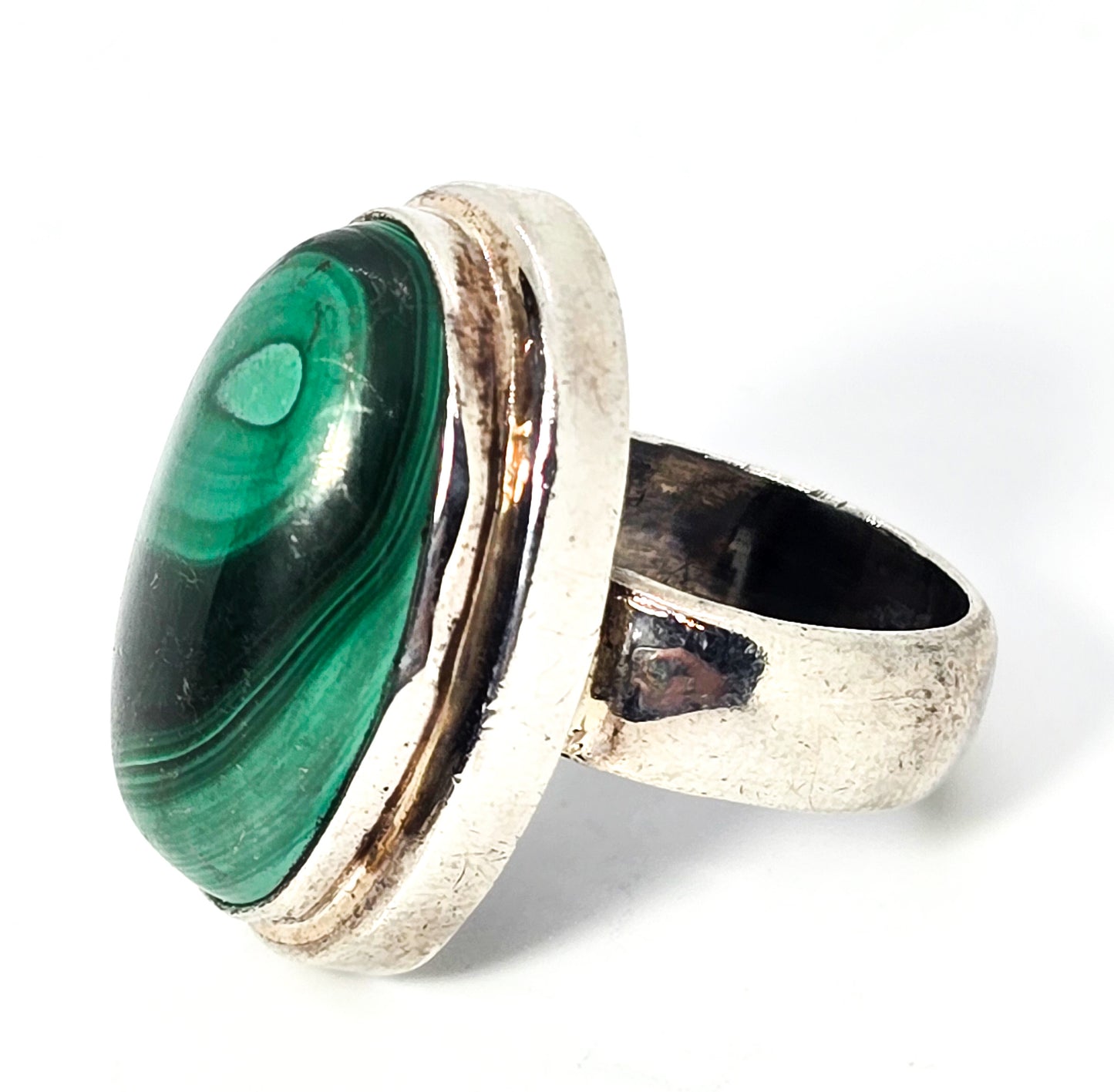 Malachite Large green banded gemstone vintage solid sterling silver ring size 5.5