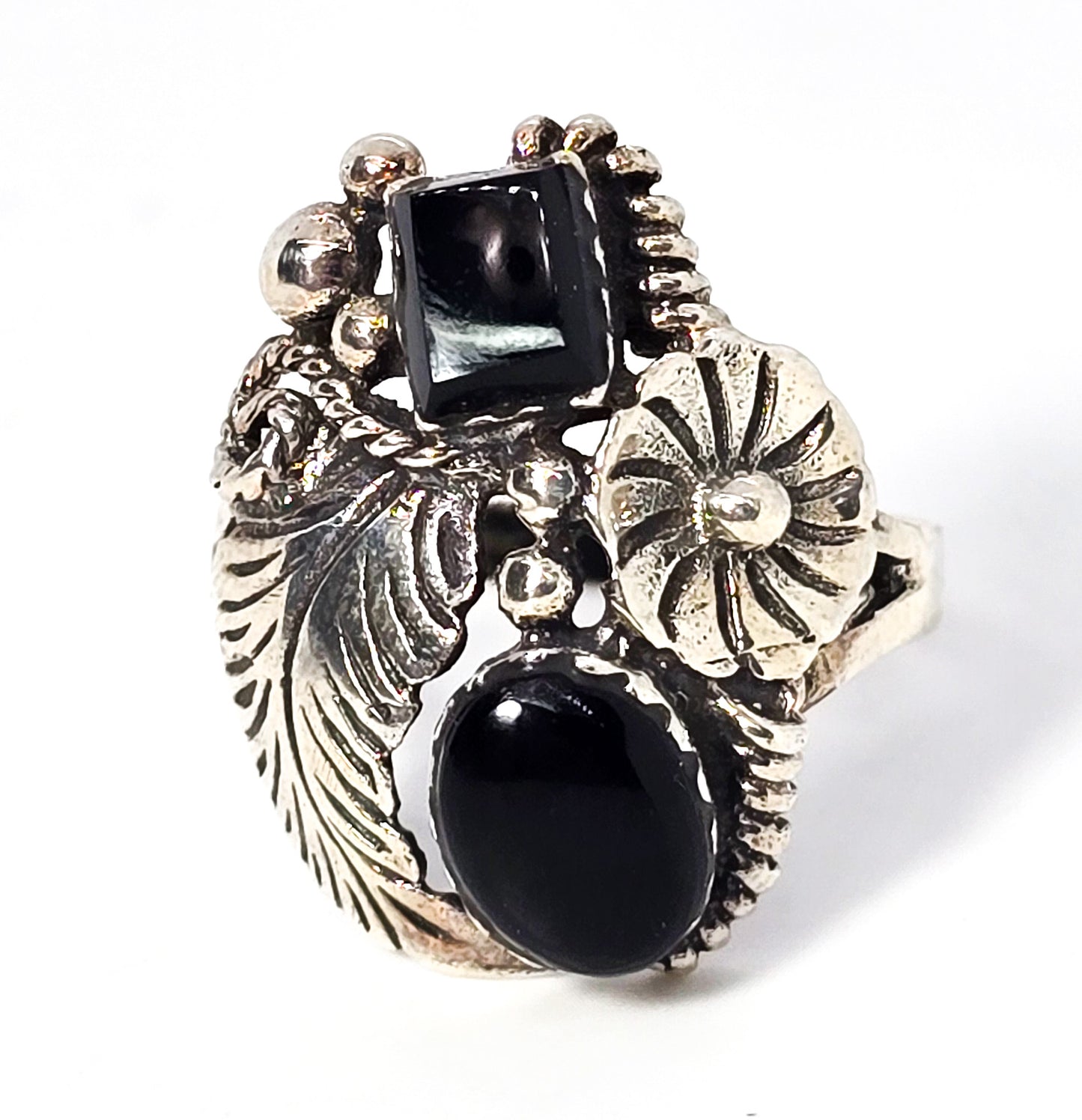 Double Black Onyx Feather sterling silver Native American flower vintage ring size 8