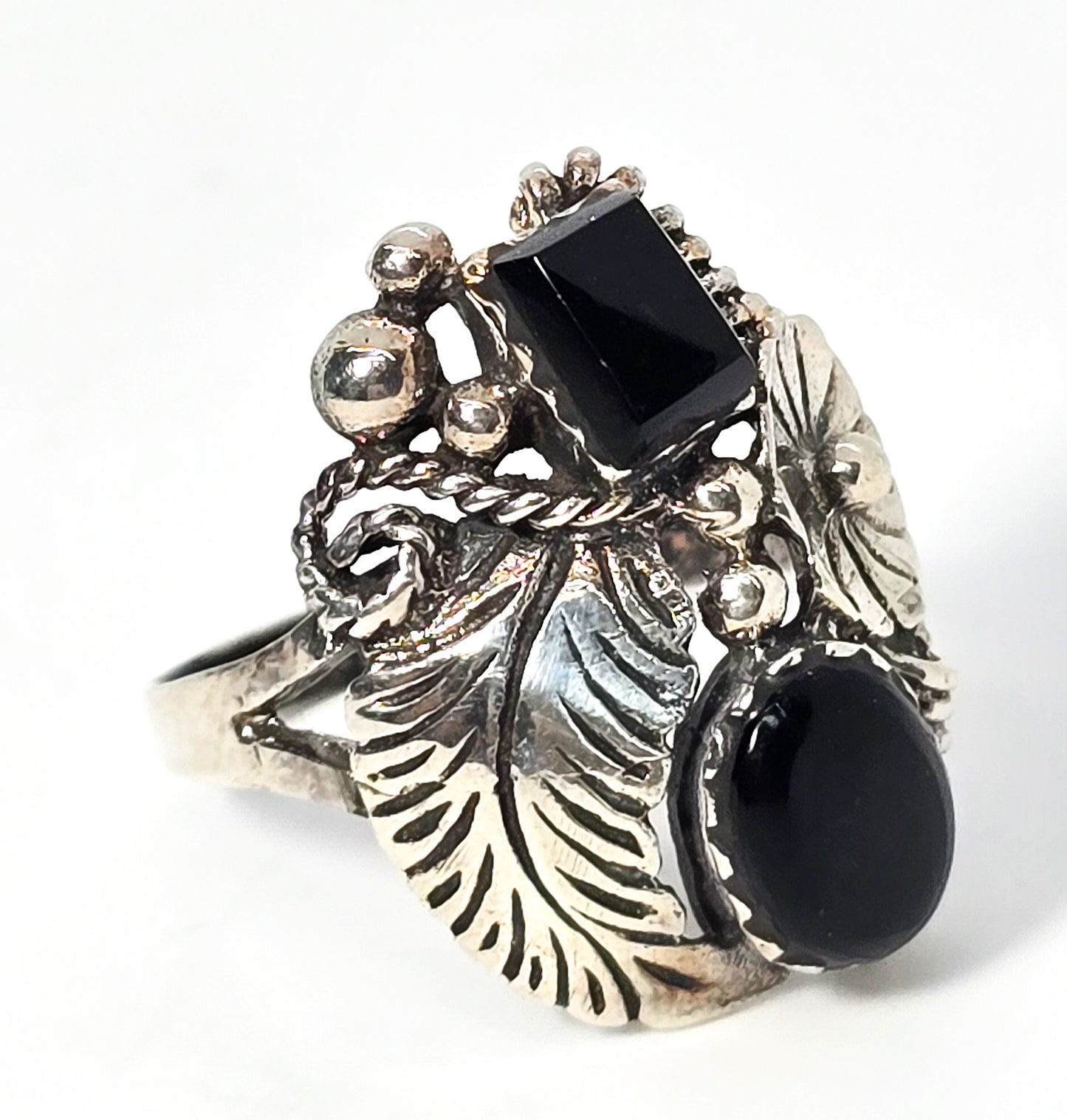 Double Black Onyx Feather sterling silver Native American flower vintage ring size 8