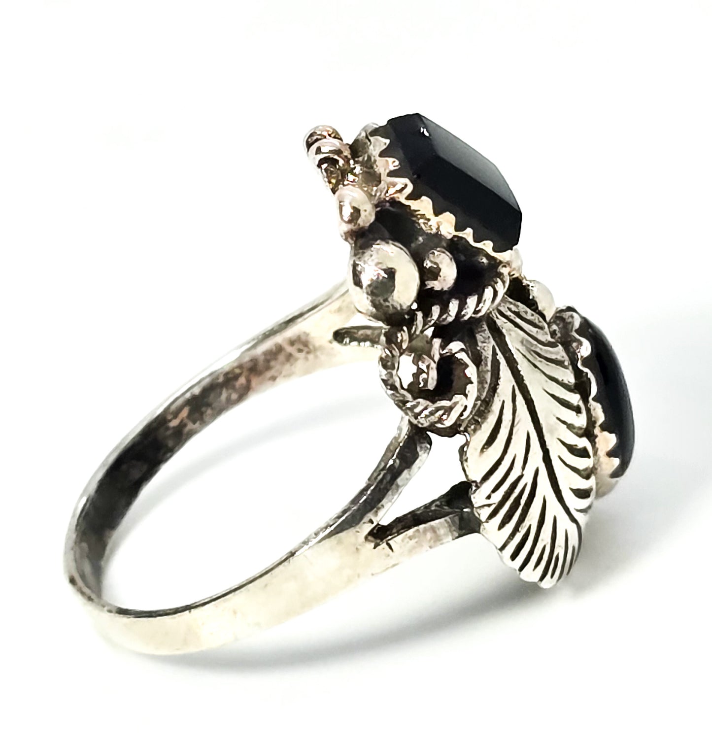 Double Black Onyx Feather sterling silver Native American flower vintage ring size 8