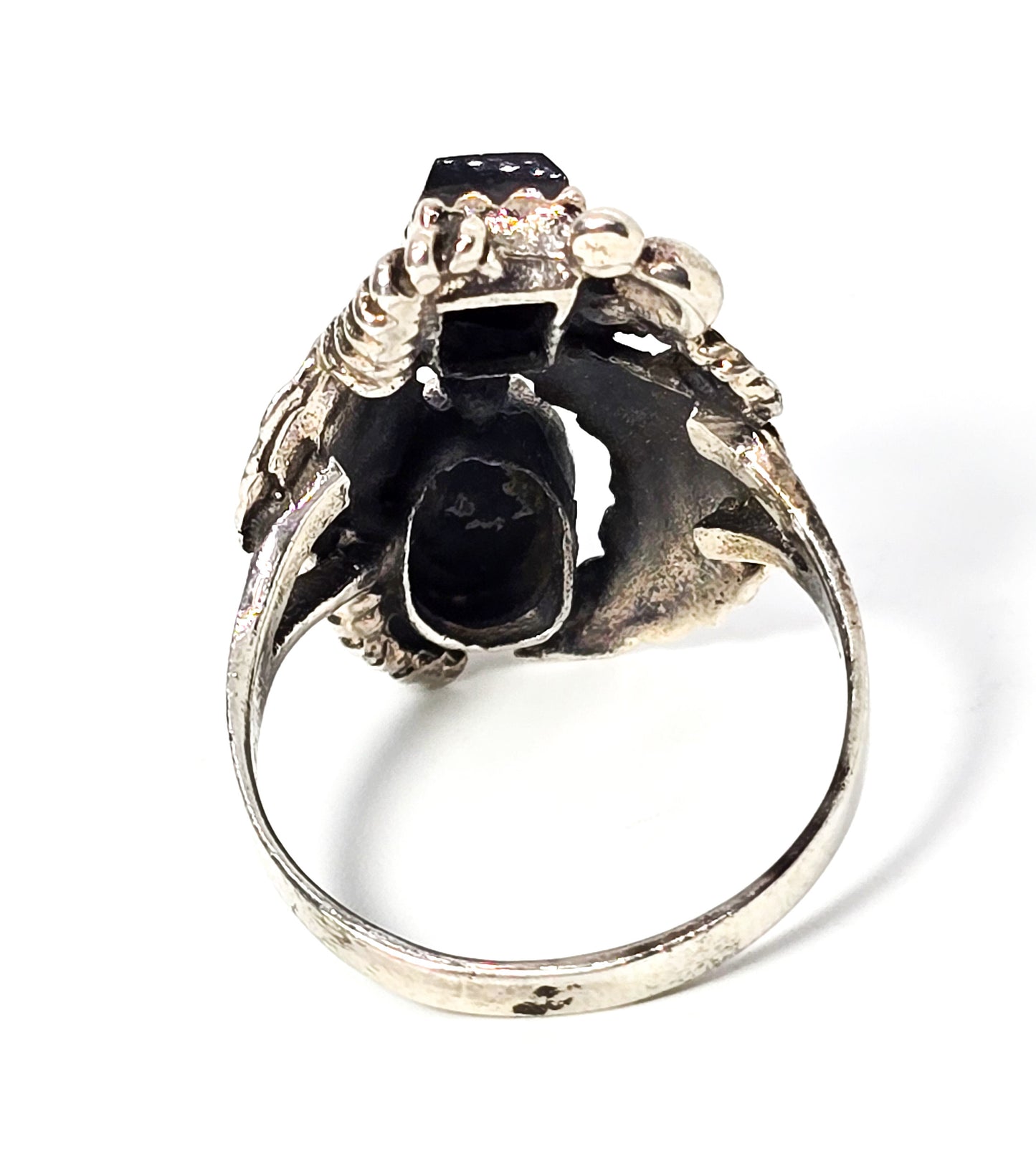 Double Black Onyx Feather sterling silver Native American flower vintage ring size 8