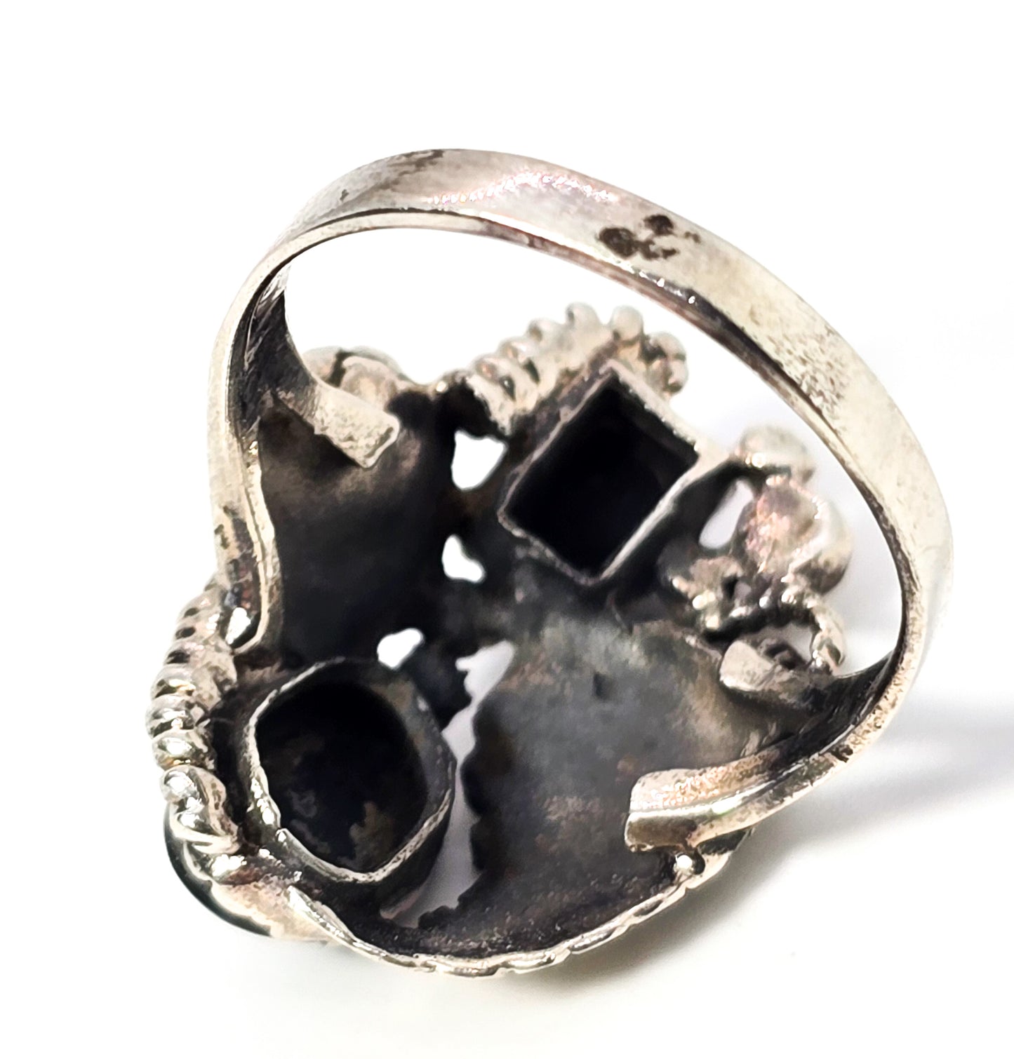 Double Black Onyx Feather sterling silver Native American flower vintage ring size 8