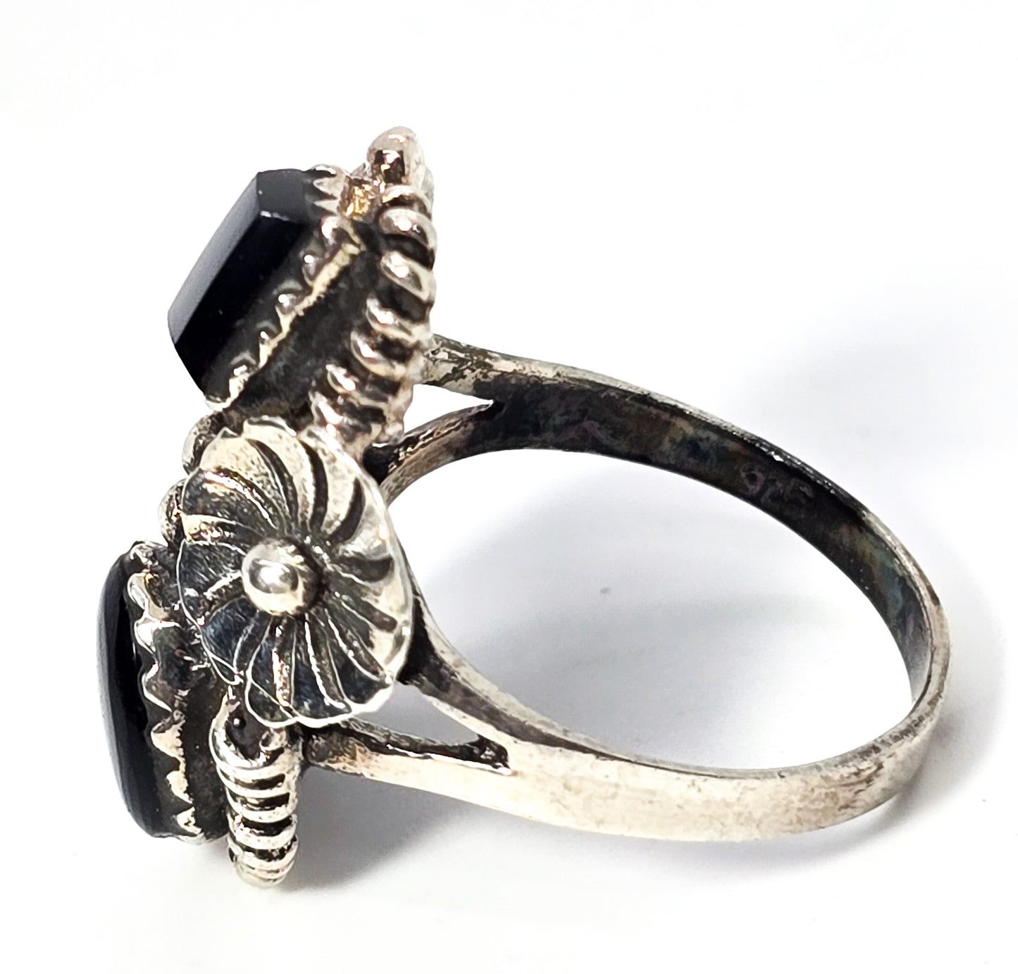 Double Black Onyx Feather sterling silver Native American flower vintage ring size 8