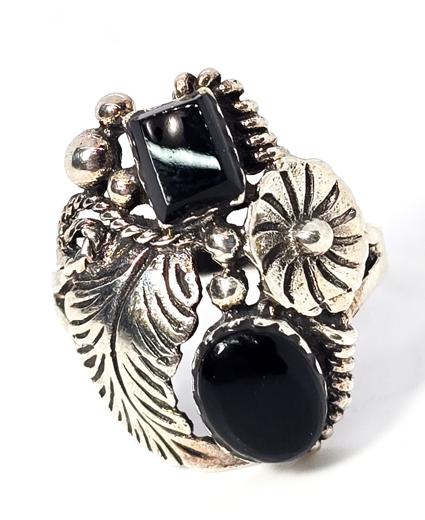 Double Black Onyx Feather sterling silver Native American flower vintage ring size 8
