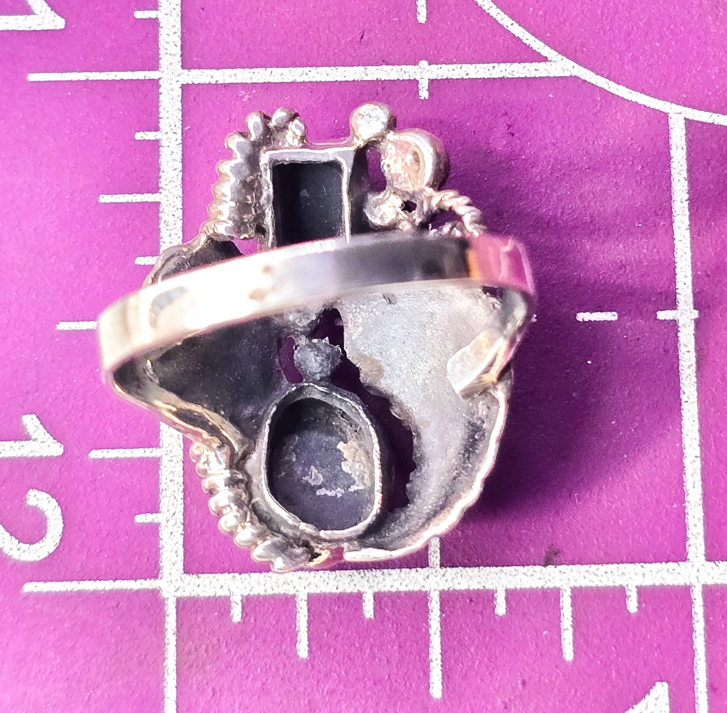 Double Black Onyx Feather sterling silver Native American flower vintage ring size 8