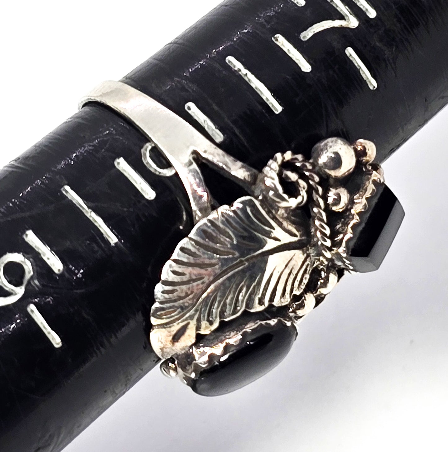 Double Black Onyx Feather sterling silver Native American flower vintage ring size 8