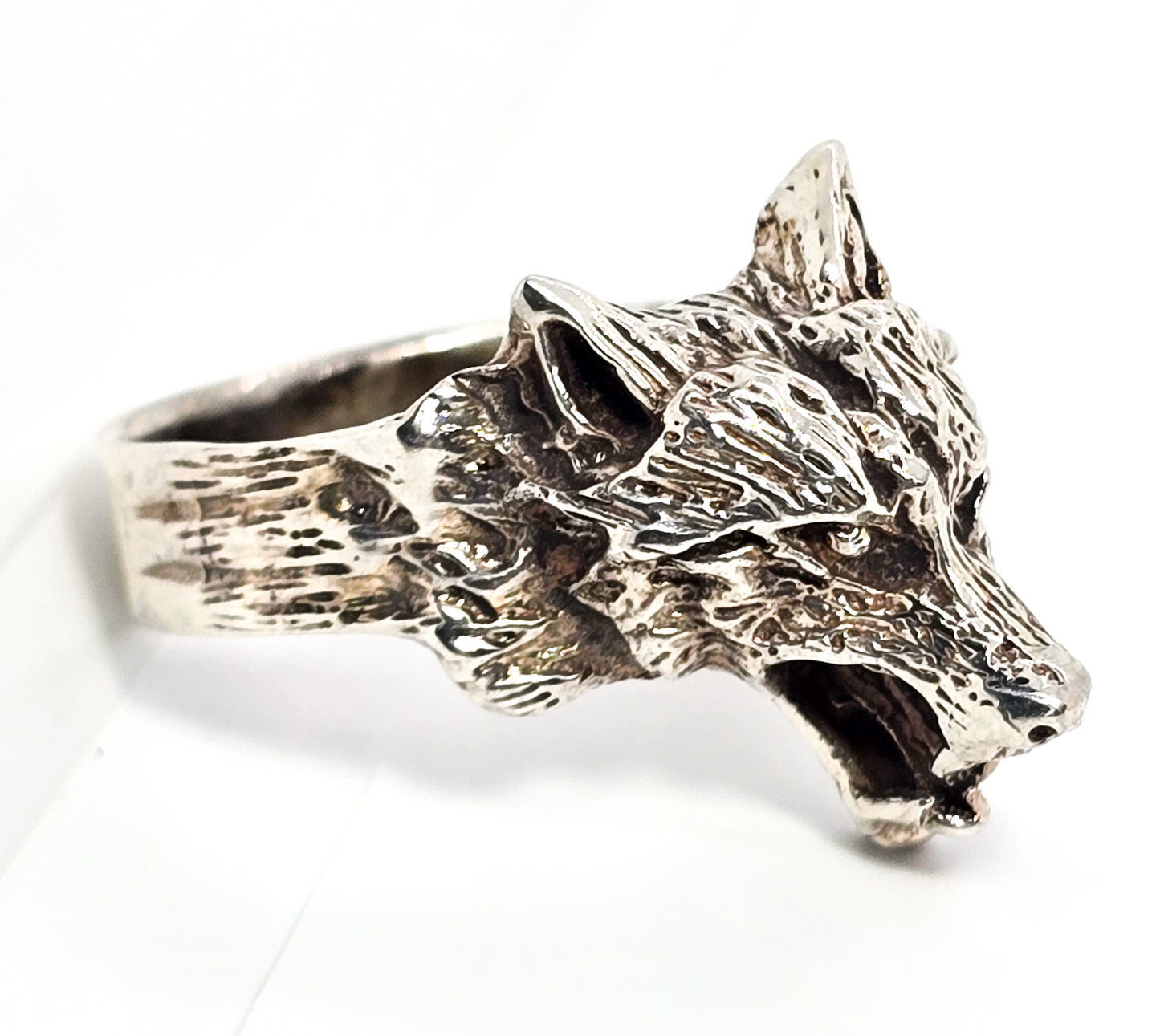 Snarling wolf Men's vintage retro solid sterling silver figural ring size 13