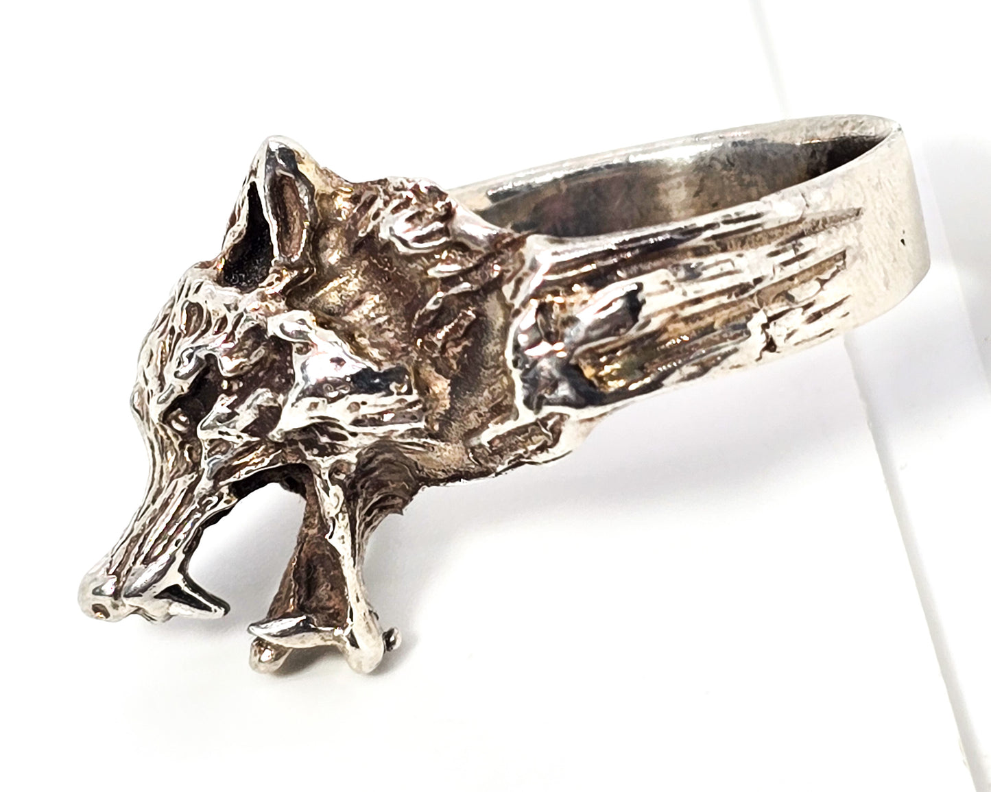 Snarling wolf Men's vintage retro solid sterling silver figural ring size 13
