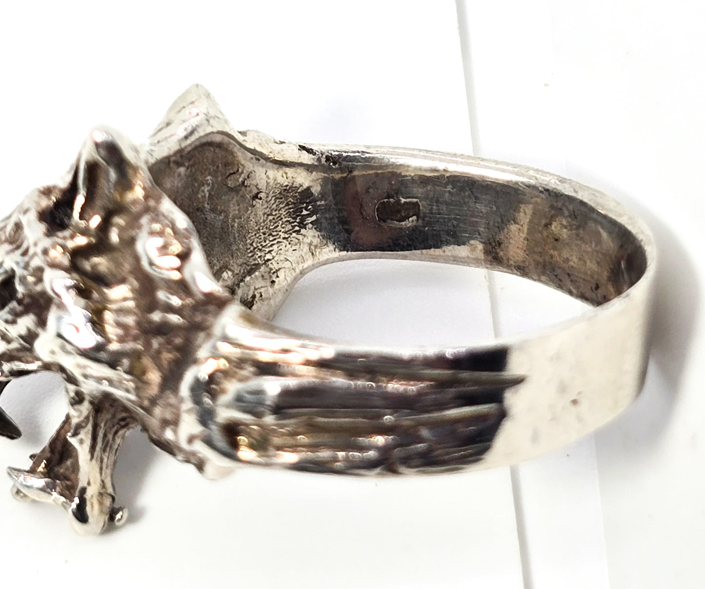 Snarling wolf Men's vintage retro solid sterling silver figural ring size 13