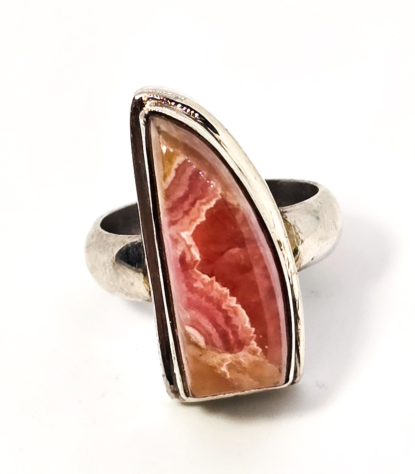 Rhodochrosite banded pink gemstone large vintage sterling ring size 6.5