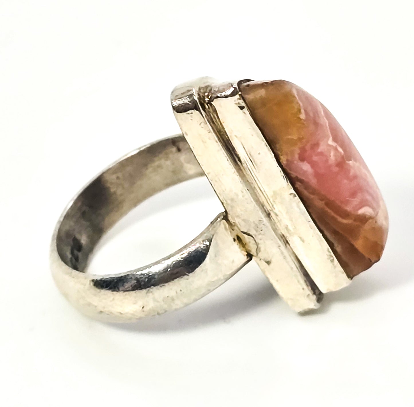Rhodochrosite banded pink gemstone large vintage sterling ring size 6.5