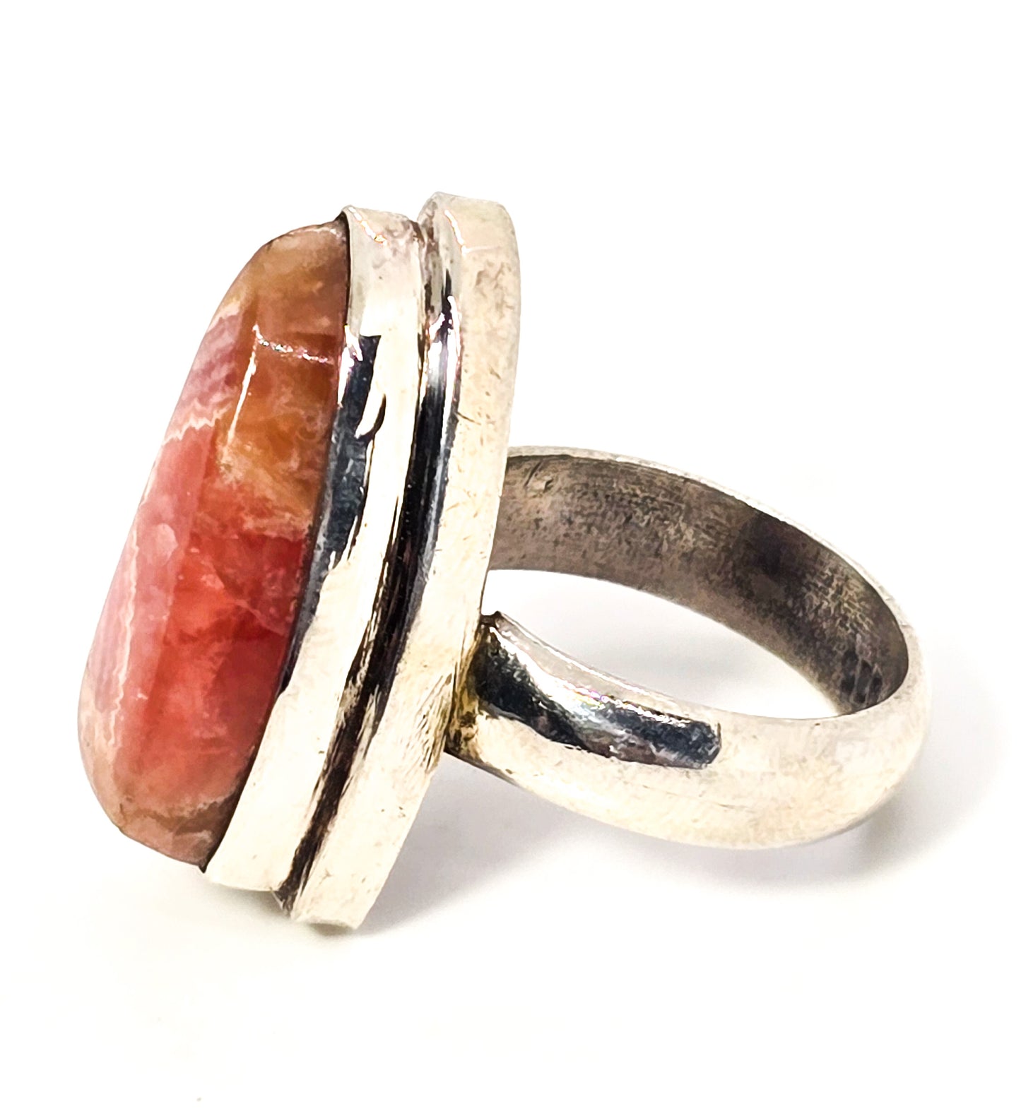 Rhodochrosite banded pink gemstone large vintage sterling ring size 6.5