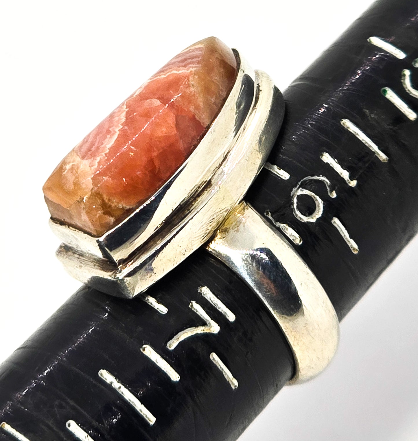 Rhodochrosite banded pink gemstone large vintage sterling ring size 6.5