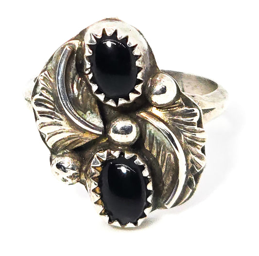 Navajo Double Black Onyx Feather sterling silver Native American vintage ring size 8