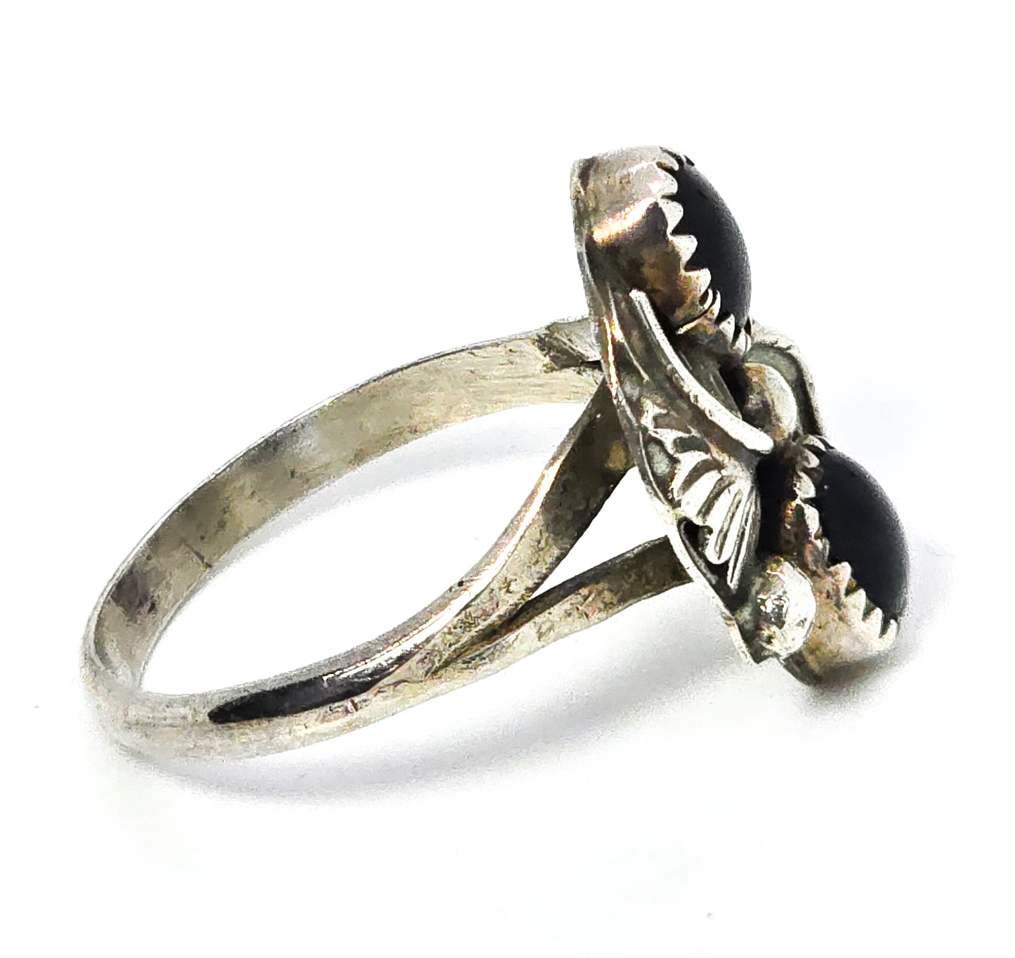 Navajo Double Black Onyx Feather sterling silver Native American vintage ring size 8