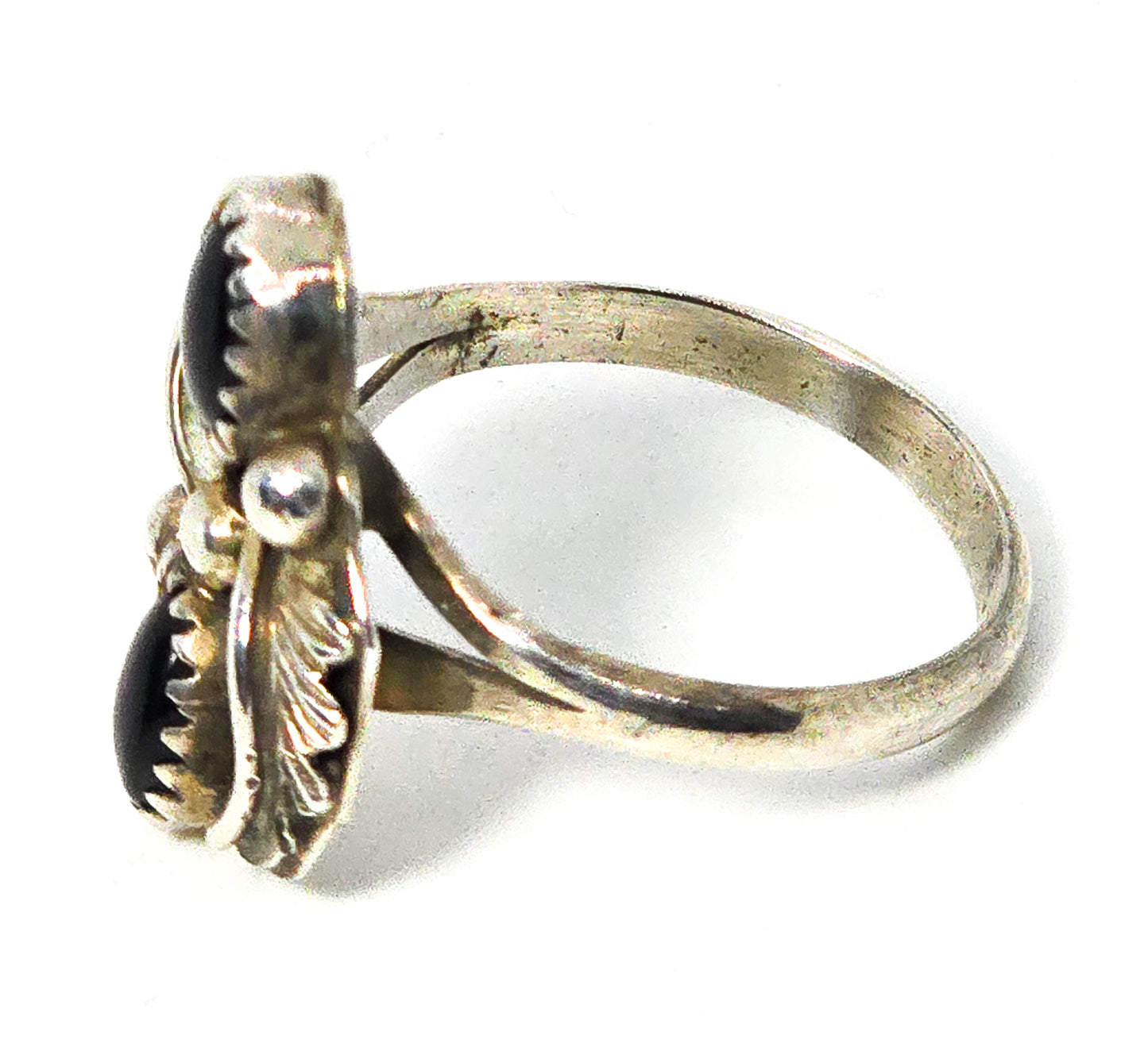Navajo Double Black Onyx Feather sterling silver Native American vintage ring size 8