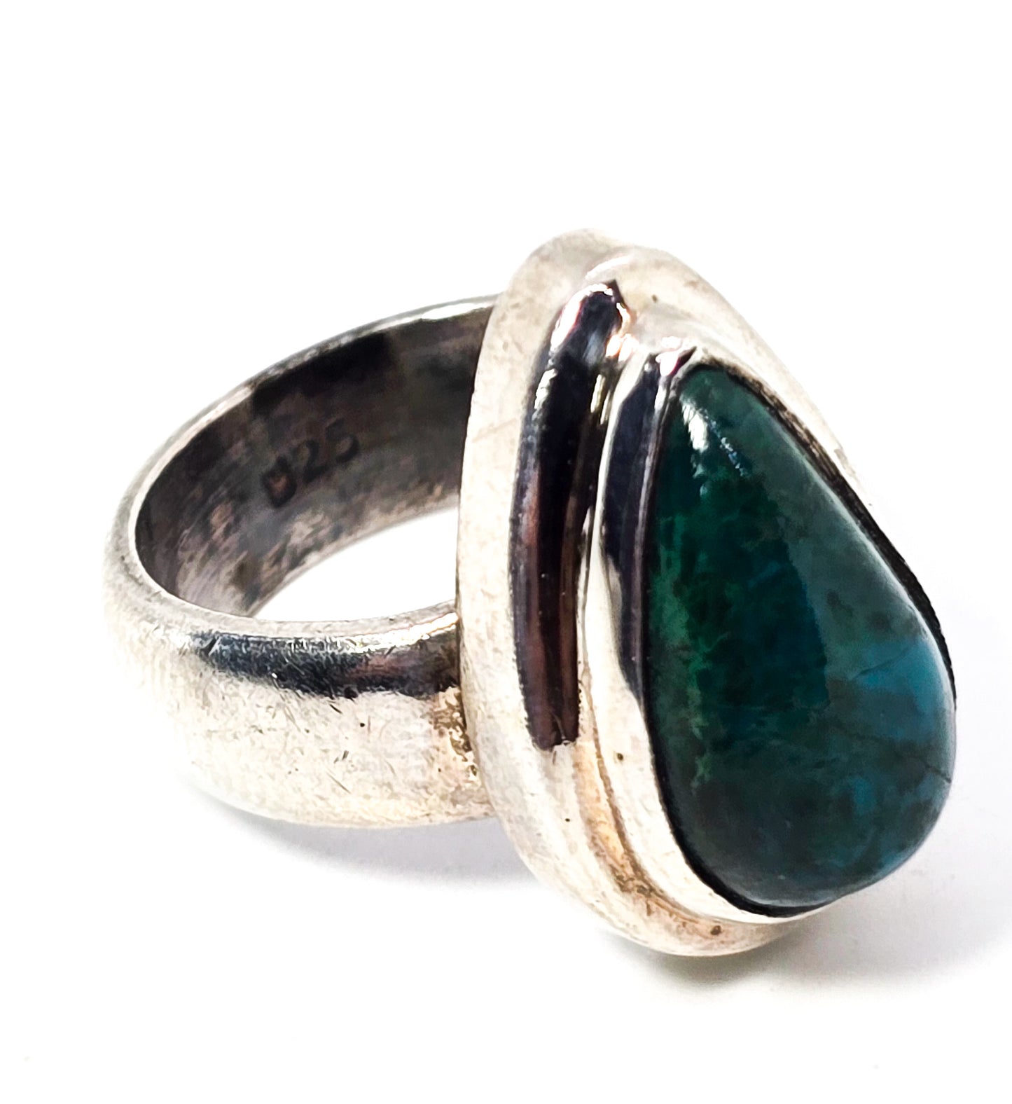Chrysocolla Pear Cut Malachite Azurite vintage solid sterling silver ring size 6