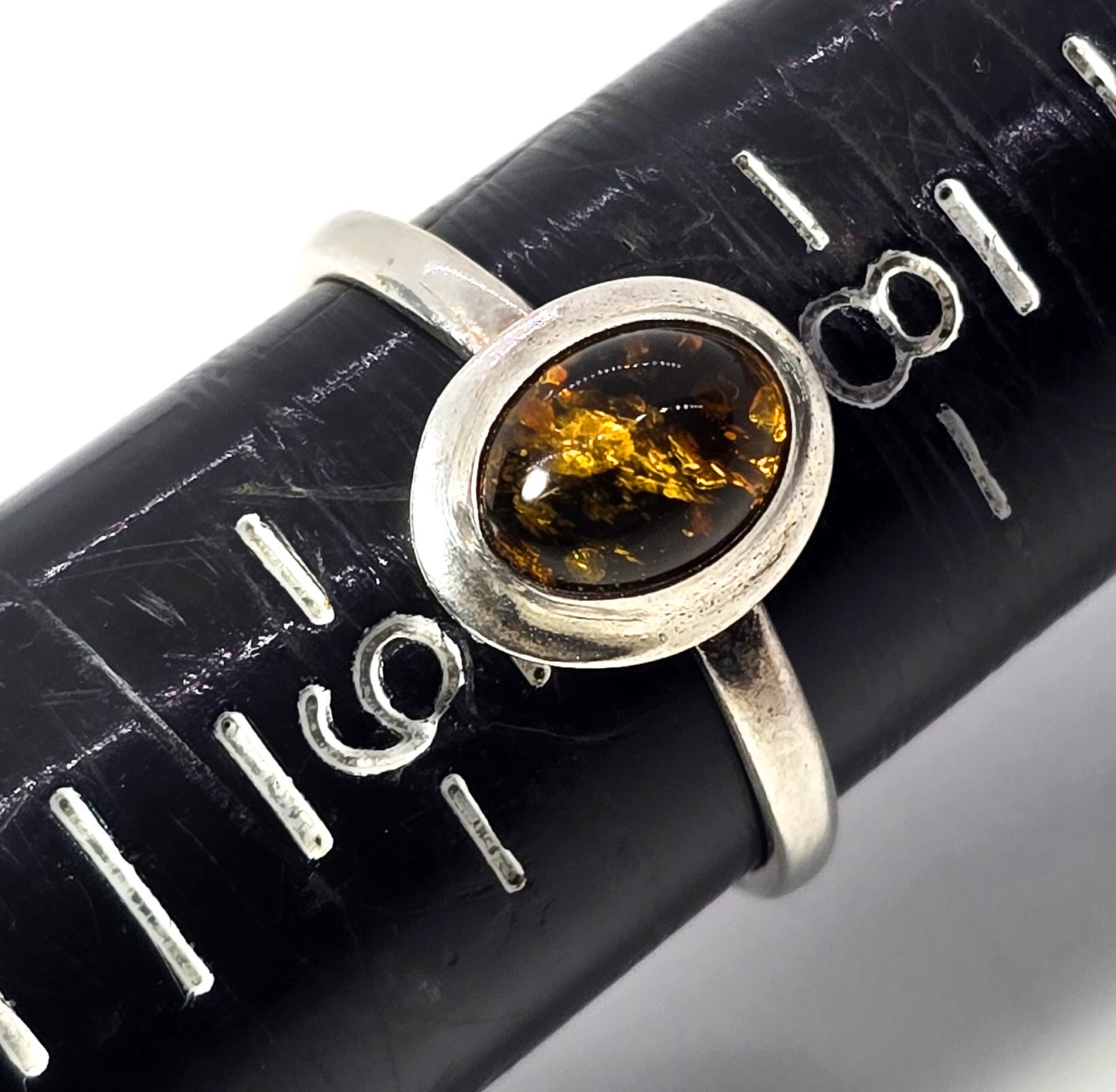 Orange amber modernist vintage sterling silver ring size 8 and 1/2