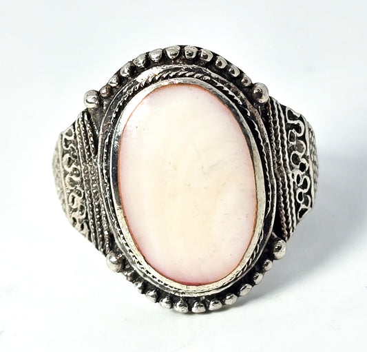 Mother of Pearl Flower Tribal Bali Balinese sterling silver medallion ring size 12