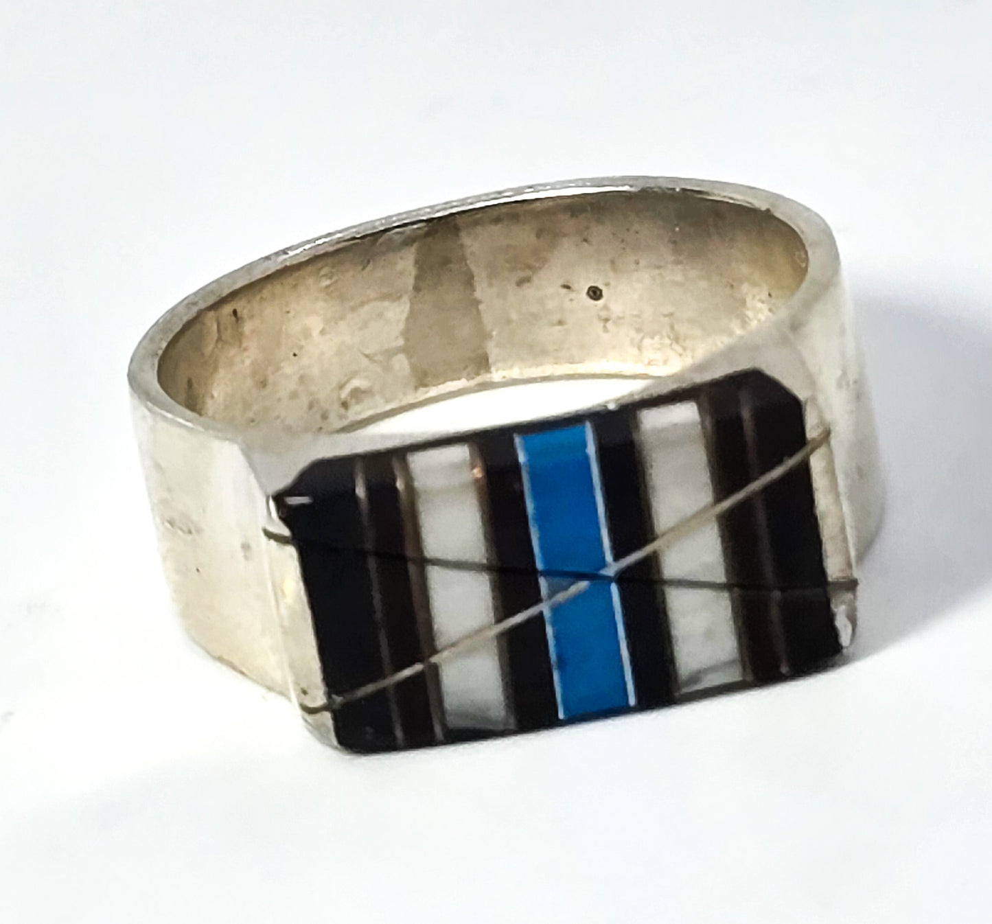 Black onyx blue turquoise howlite Southwest vintage sterling silver inlay ring size 9