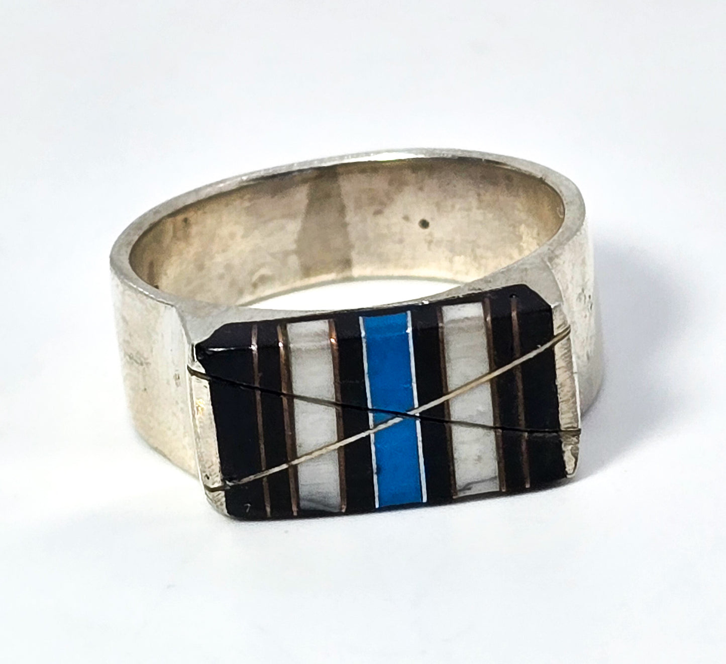 Black onyx blue turquoise howlite Southwest vintage sterling silver inlay ring size 9