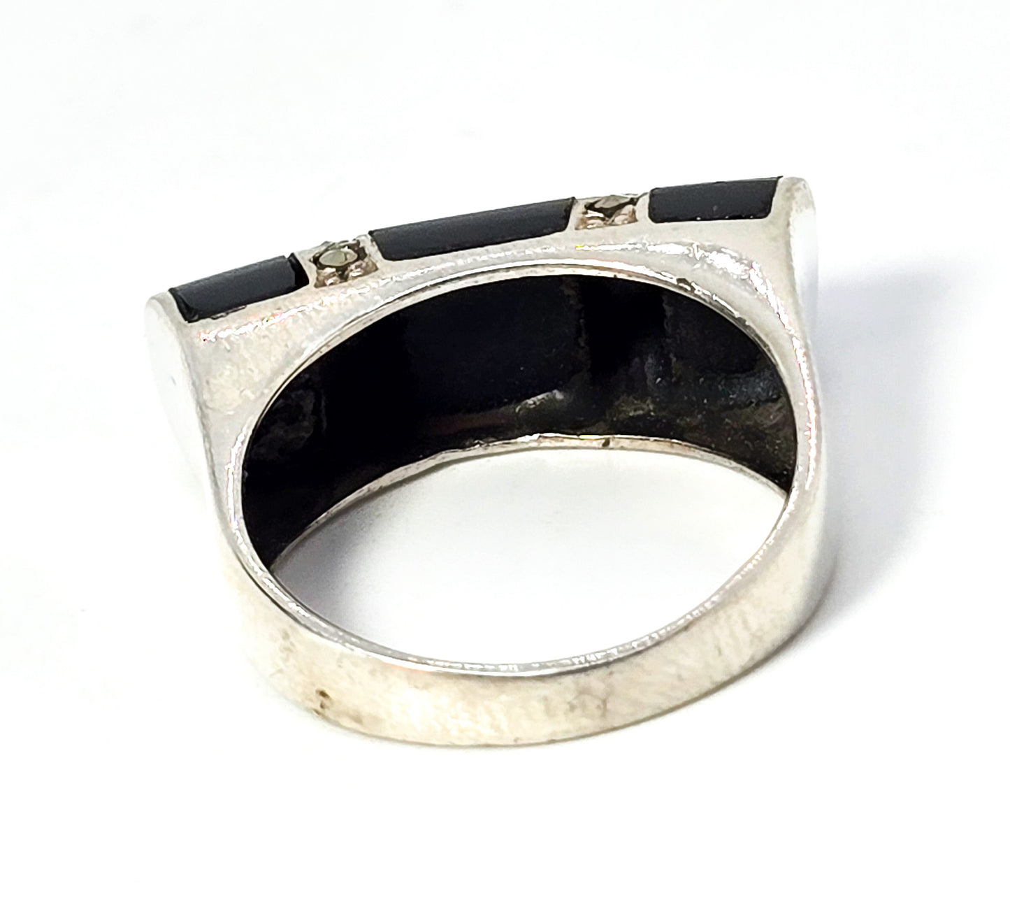 Art Deco Style Black onyx marcasite vintage JC sterling silver bar ring size 7