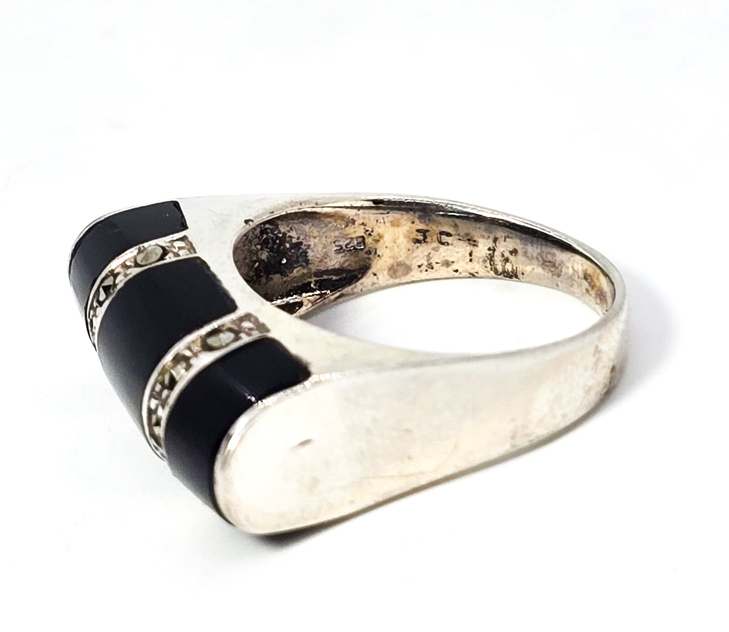 Art Deco Style Black onyx marcasite vintage JC sterling silver bar ring size 7