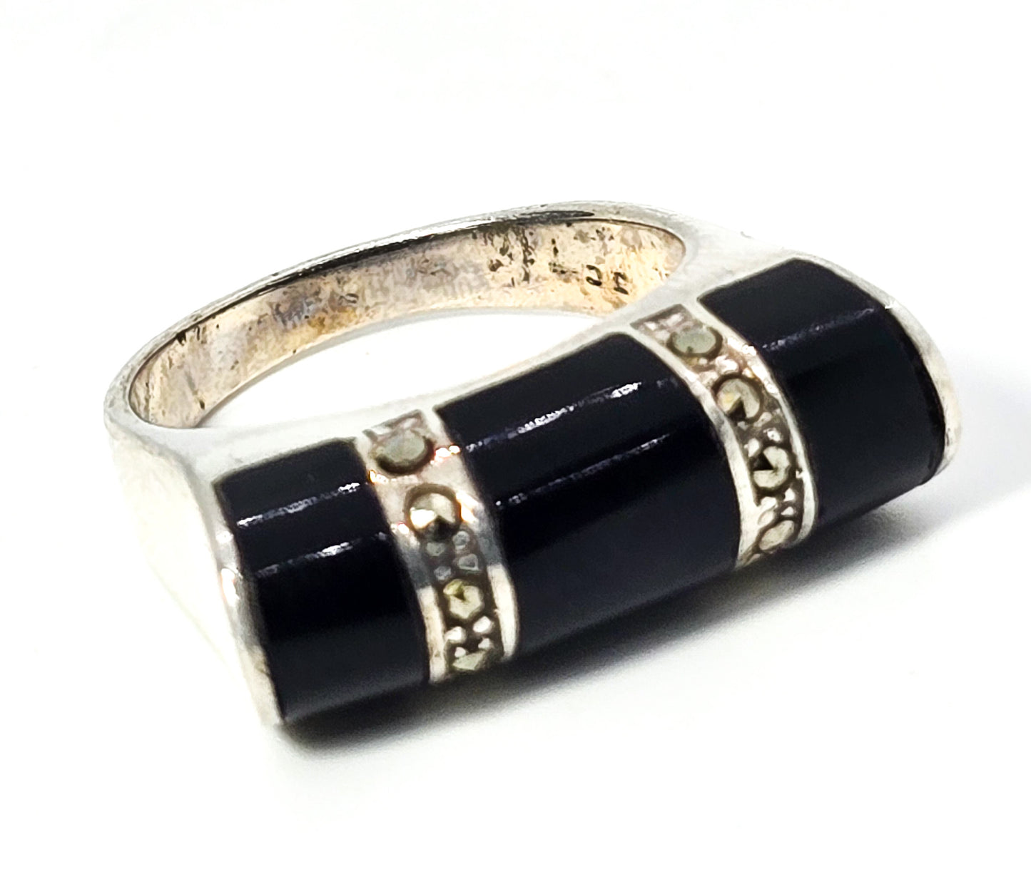 Art Deco Style Black onyx marcasite vintage JC sterling silver bar ring size 7
